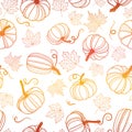 Beautiful pumpkin halloween thanksgiving seamless pattern, cute cartoon pumpkins hand drawn background, great for seasonal textile