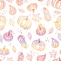 Beautiful pumpkin halloween thanksgiving seamless pattern, cute cartoon pumpkins hand drawn background, great for seasonal textile