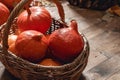 Beautiful pumpkins for Halloween are in a basket in a wooden shed
