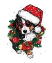 A Beautiful Puppy In A Christmas Wreath. Vector Illustration. A Pedigree Dog In Clothes And Accessories. New Year`s And Christmas.