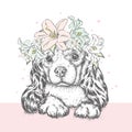 A beautiful puppy in a flower wreath. A pedigree dog in a wreath of lilies. Vector illustration for a postcard or a poster.