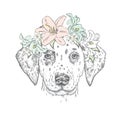 Beautiful puppy in a wreath of flowers. Cute Dalmatians. Vector illustration. Dog and lilies.