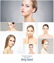 Beautiful, pure and healthy female faces. Portrait of young women in collage. Lifting, skincare, plastic surgery and