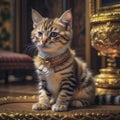A beautiful purebred kitten in a richly decorated ancient royal interior