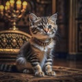 A beautiful purebred kitten in a richly decorated ancient royal interior