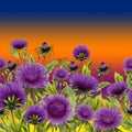 Beautiful purple aster flowers with green leaves on bright gradient background. Seamless floral pattern. Watercolor painting