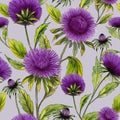 Beautiful purple aster flowers with green leaves on light lilac background. Seamless floral pattern. Watercolor painting. Royalty Free Stock Photo