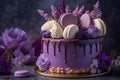 Beautiful purple cake decoraited of fresh flowers, macaroons and meringue.