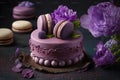 Beautiful purple cake decoraited of fresh flowers, macaroons and meringue.