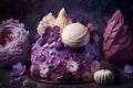 Beautiful purple cake decoraited of fresh flowers, macaroons and meringue.