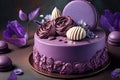 Beautiful purple cake decoraited of fresh flowers, macaroons and meringue.