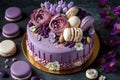 Beautiful purple cake decoraited of fresh flowers, macaroons and meringue.