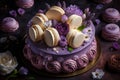 Beautiful purple cake decoraited of fresh flowers, macaroons and meringue.