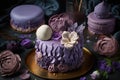 Beautiful purple cake decoraited of fresh flowers, macaroons and meringue.