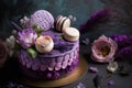 Beautiful purple cake decoraited of fresh flowers, macaroons and meringue.