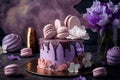 Beautiful purple cake decoraited of fresh flowers, macaroons and meringue.