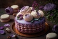 Beautiful purple cake decoraited of fresh flowers, macaroons and meringue.