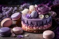 Beautiful purple cake decoraited of fresh flowers, macaroons and meringue.