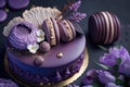 Beautiful purple cake decoraited of fresh flowers, macaroons and meringue.