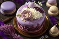 Beautiful purple cake decoraited of fresh flowers, macaroons and meringue