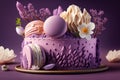 Beautiful purple cake decoraited of fresh flowers, macaroons and meringue, AI generated