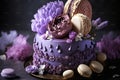 Beautiful purple cake decoraited of fresh flowers, macaroons and meringue.