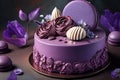 Beautiful purple cake decorate of fresh flowers, macaroons and meringue, AI generated