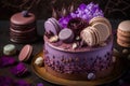 Beautiful purple cake decorate of fresh flowers, macaroons and meringue, AI generated