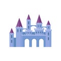 Beautiful purple castle with towers and conical roofs. Medieval fortress. Flat vector element for children book