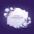 beautiful purple christmas greeting background with realistic xmas balls