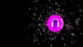 Beautiful purple circle with white sign of headphones inside with many small notes. Animation. Concept of electronic