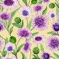 Beautiful purple daisy flowers with closed buds and leaves on light yellow background. Seamless spring pattern.