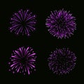 Beautiful purple fireworks set. Bright fireworks isolated black background. Light pink decoration fireworks for