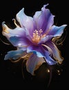 A beautiful purple flower with gold leaves and a soft blue light