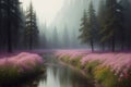 Beautiful purple flowers in a foggy forest. Digital painting