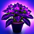 Beautiful purple houseplant in a pot on a blue background. AI generated