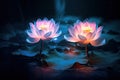 Beautiful purple lotus flower on the water with dark background, glowing lotus flowers, AI Generated Royalty Free Stock Photo