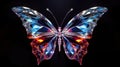 beautiful purple neon glowing butterfly on dark background illustration, blue and violet colors