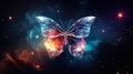 beautiful purple neon glowing butterfly on dark background illustration, blue and violet colors