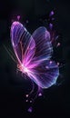 beautiful purple neon glowing butterfly illustration at black background, colorful magic light wallpaper