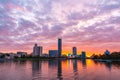 Beautiful purple and orange cloudy sunset at the city pond of Yekaterinburg, Russia Royalty Free Stock Photo