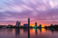 Beautiful purple and orange cloudy sunset at the city pond of Yekaterinburg, Russia Royalty Free Stock Photo