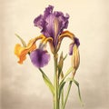 Vintage style botanical image, purple-orange iris flower on creamy background Royalty Free Stock Photo