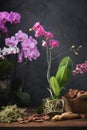 Beautiful Phalaenopsis orchid flower in basket. Pine bark, moss and shovel for planting orchis on table. Royalty Free Stock Photo