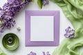 A beautiful purple picture frame surrounded by purple flowers Royalty Free Stock Photo