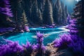 Beautiful purple pine forest, turquoise stream, and mountainous backdrop in the landscape