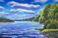 Beautiful purple river, Large clouds against blue sky, green river banks, Belarusian lake Original Oil Painting on canvas. Colorfu