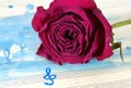 Beautiful purple rose on a music sheet. music sheet in blue watercolor paint and treble clef. music concept. dry rose on watercolo