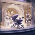 Purple silver whit Strollers baby designer store front inside lobby Generative AI