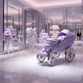 Purple silver whit Strollers baby designer store front inside lobby Generative AI